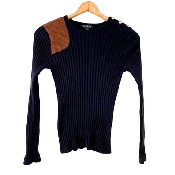 Lauren Ralph Lauren Navy Blue Ribbed Sweater with Faux Suede Patch Medium - Picture 4 of 8
